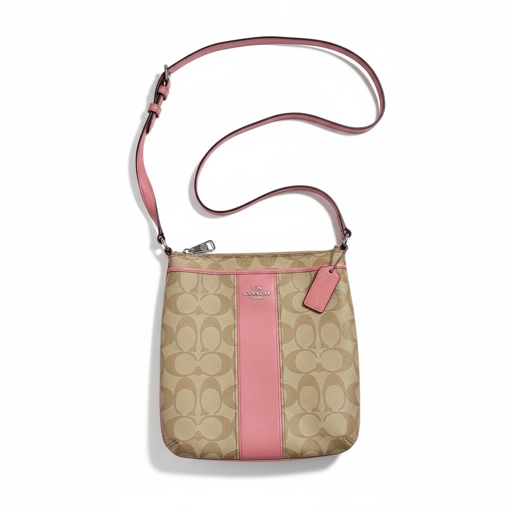 Coach F52856 PVC Leather North South Crossbody Stripe Swingpack Light Khaki/Pink